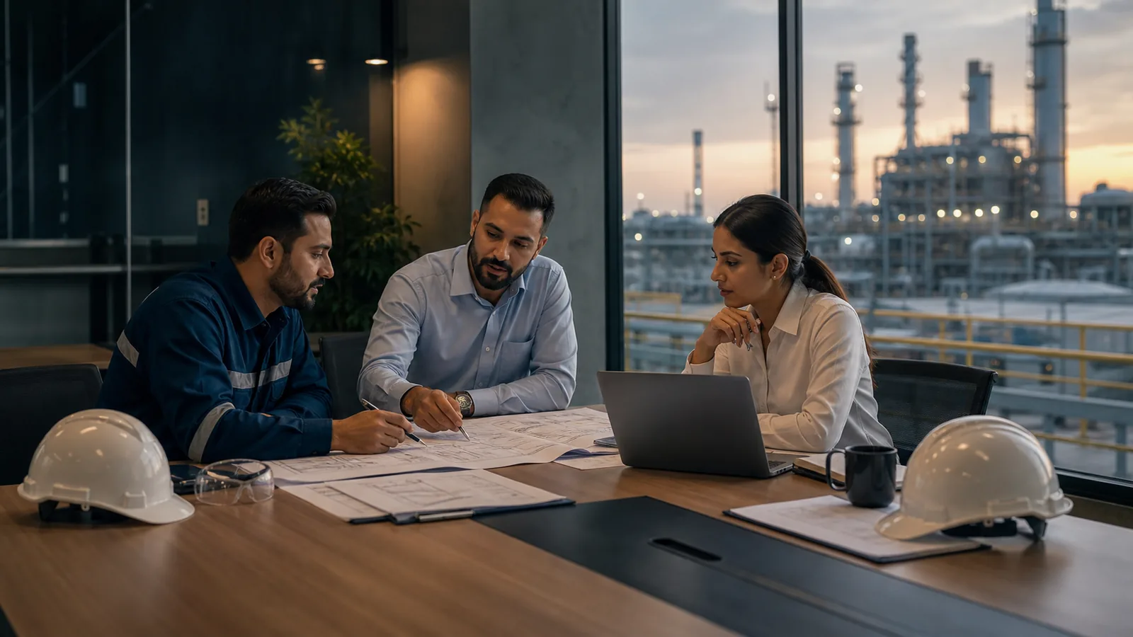 Project engineers coordinating from an office overlooking an industrial facility