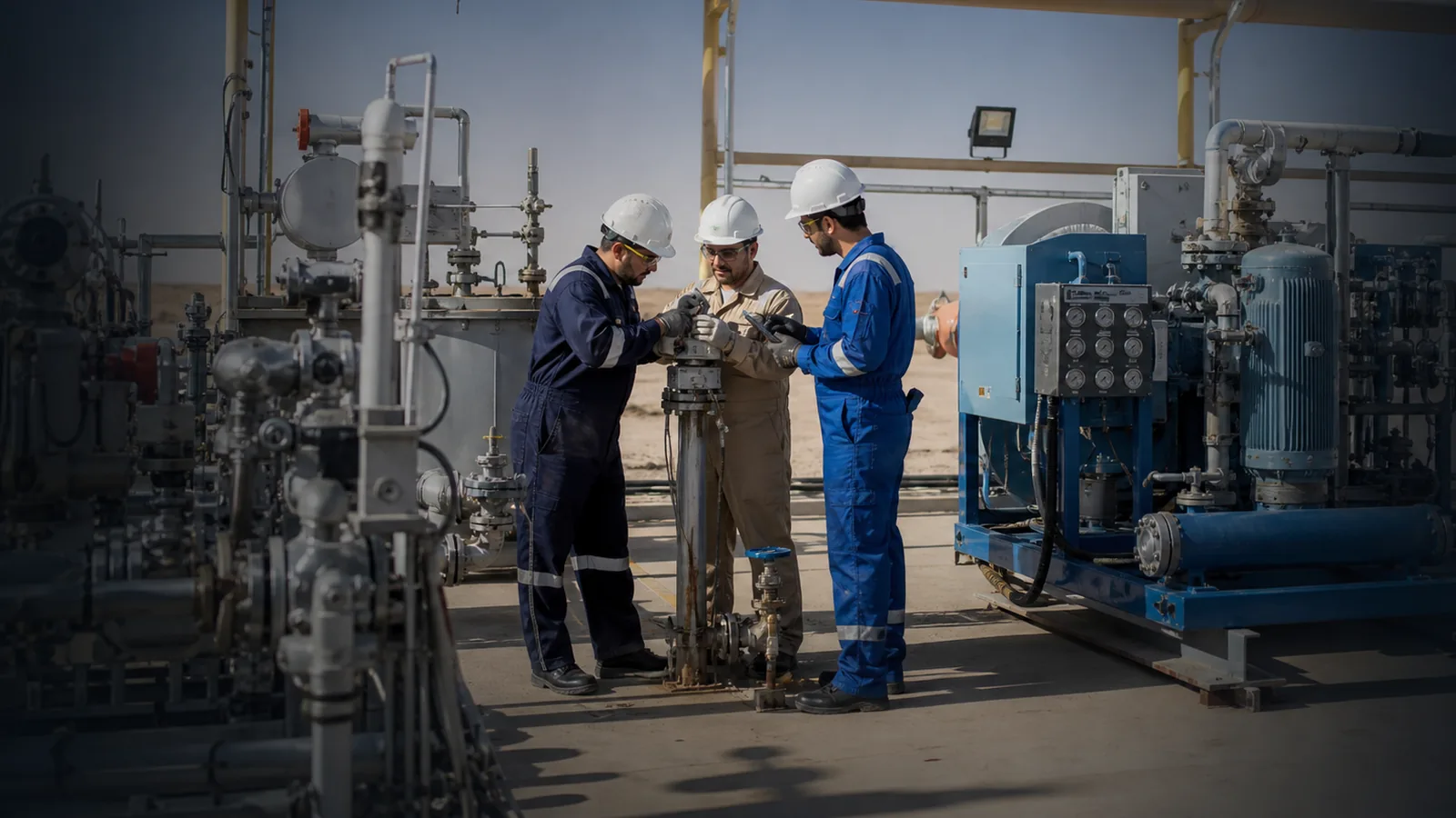 Technicians inspecting oilfield valves and instrumentation in full PPE