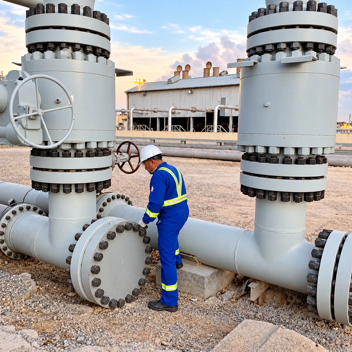 Field technician wearing full PPE inspecting industrial pipeline valves